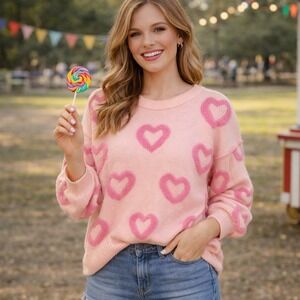 Puff Pink Heart Sweater Womens M Oversized Fun Casual Cute Cozy Lounge Preppy